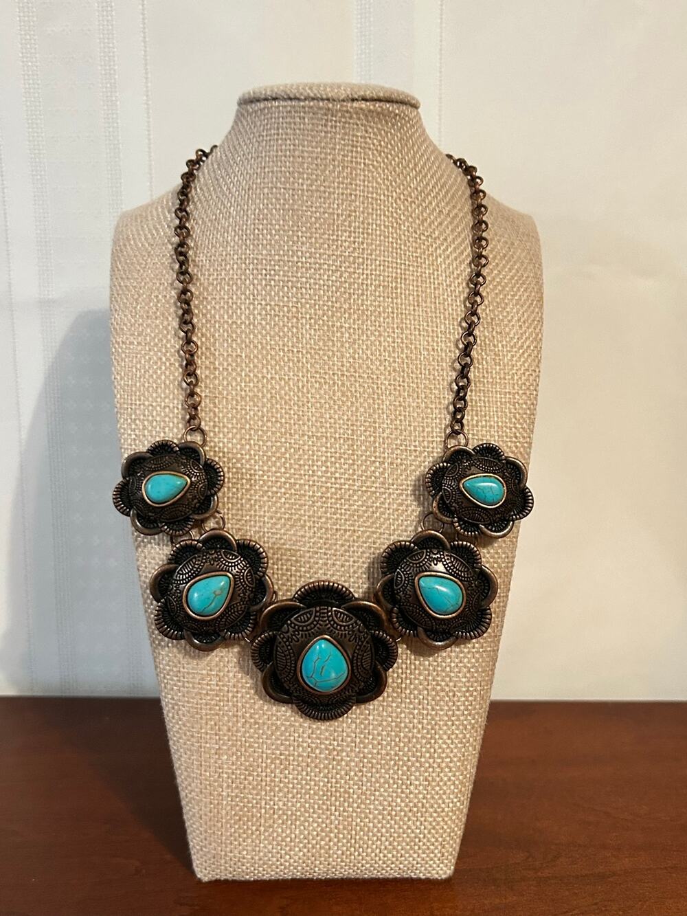 Southwestern Copper Tone Faux Turquoise Teardrop Filigree Statement Necklace 34"